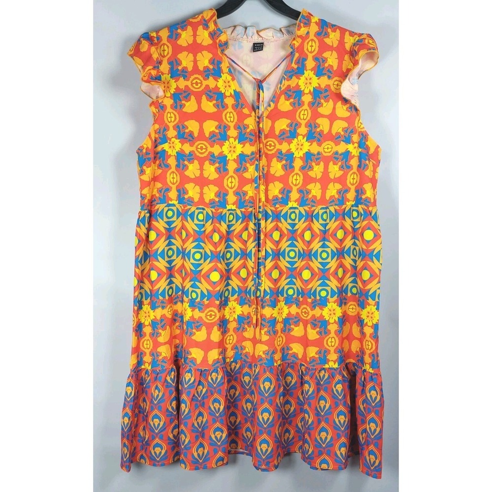 Shein Womens Geometric A-Line Dress Sz XL (L Fit) Vneck Ruffle Sleeves Orange Rd